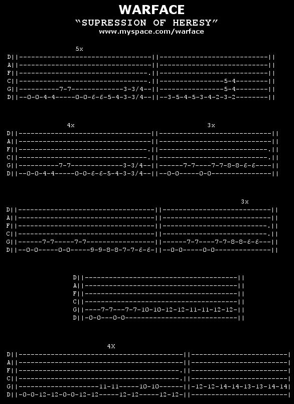 Guitar Tablature of Warface's SUPRESSION OF HERESY